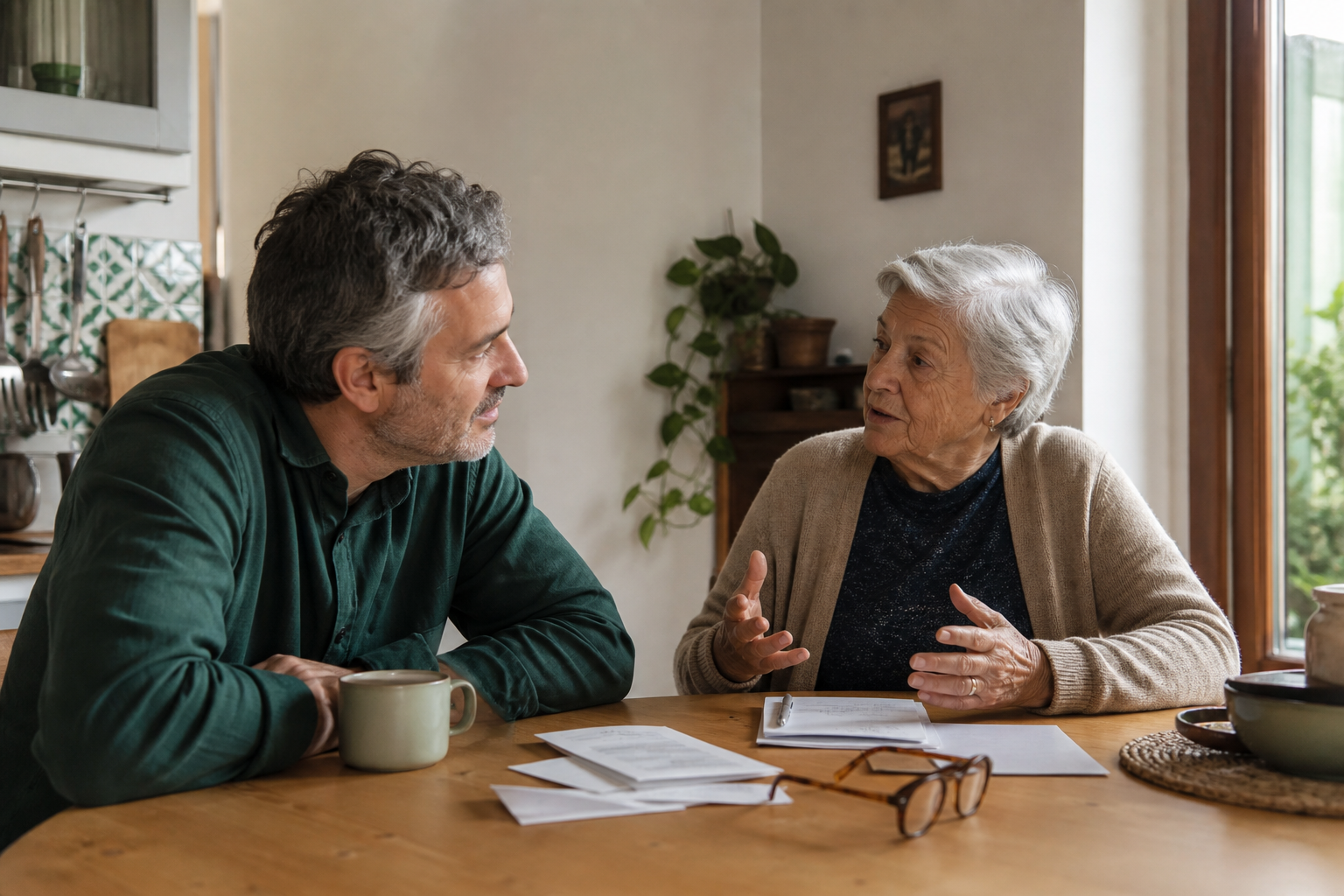 Un figlio adulto e sua madre conversano serenamente al tavolo di casa.